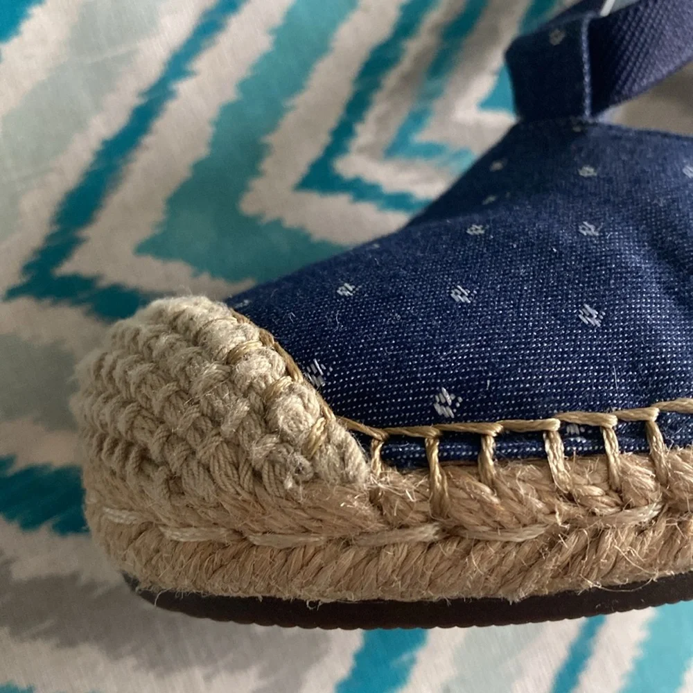Clarks Blue Polka Dot Espadrille Wedge Sandals Coastal Resort Vacation Sz 8